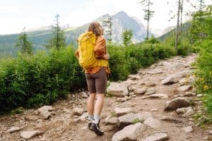mujer-viajera-con-mochila-amarilla-de-senderismo-palos-de-senderismo-en-el-sendero-entre-las-montanas-concepto-de-aventura